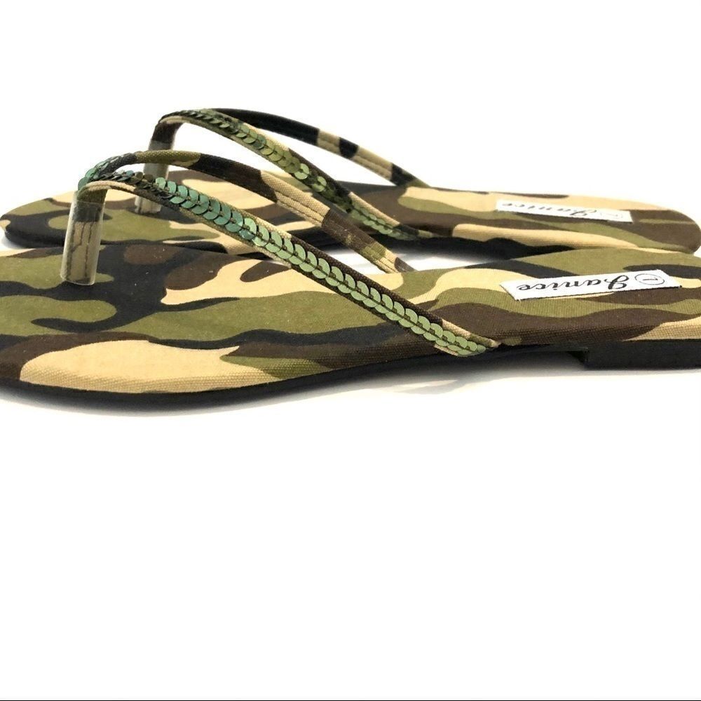 Camouflage camo green olive sequin sandals thongs NEW NIB NWT flip flops 6.5 - Picture 11 of 12